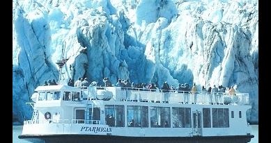 Cruise scenic Portage Lake up to the face of the 10 story high Portage glacier aboard the mv Ptarmigan!